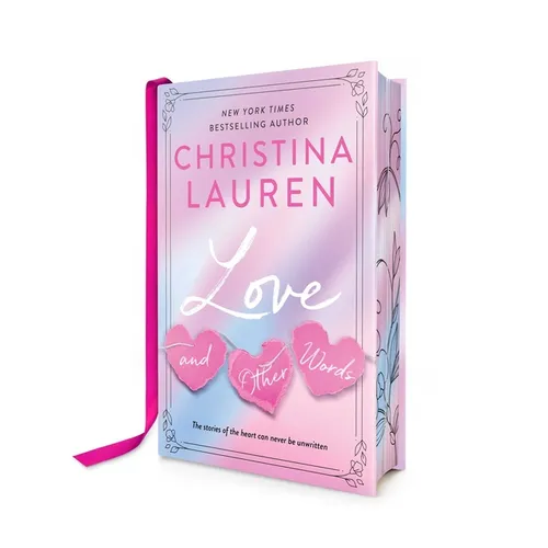 Book titled 'Love and Other Words' by Christina Lauren with a pink ribbon on a white background and sprayed edge