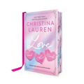 Book titled 'Love and Other Words' by Christina Lauren with a pink ribbon on a white background and sprayed edge