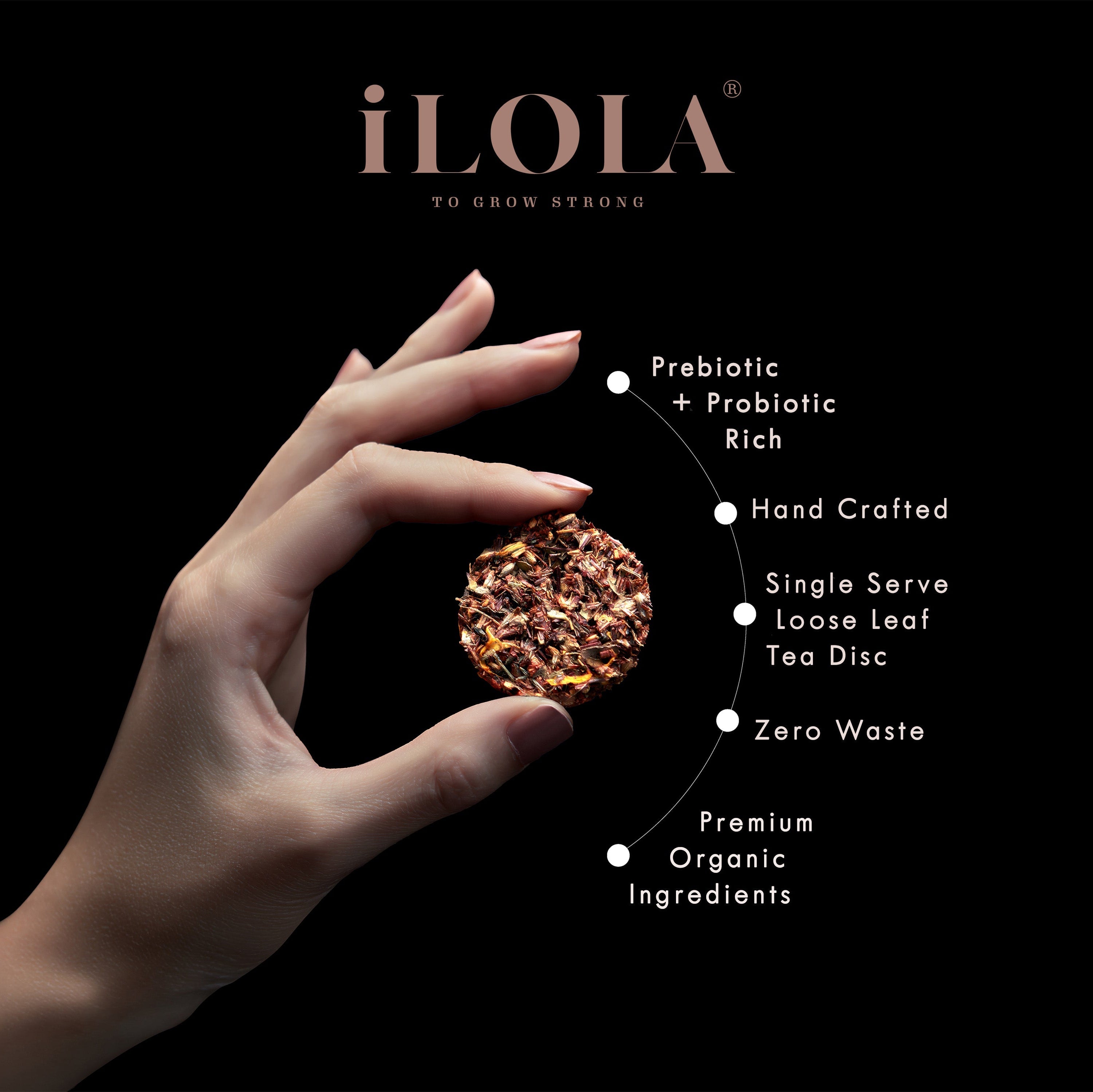 Hand holding a tea disc with iLOLA branding and product features on a black background