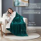 Woman in pajamas sitting on a couch with a green faux fur blanket, surrounded by product features.