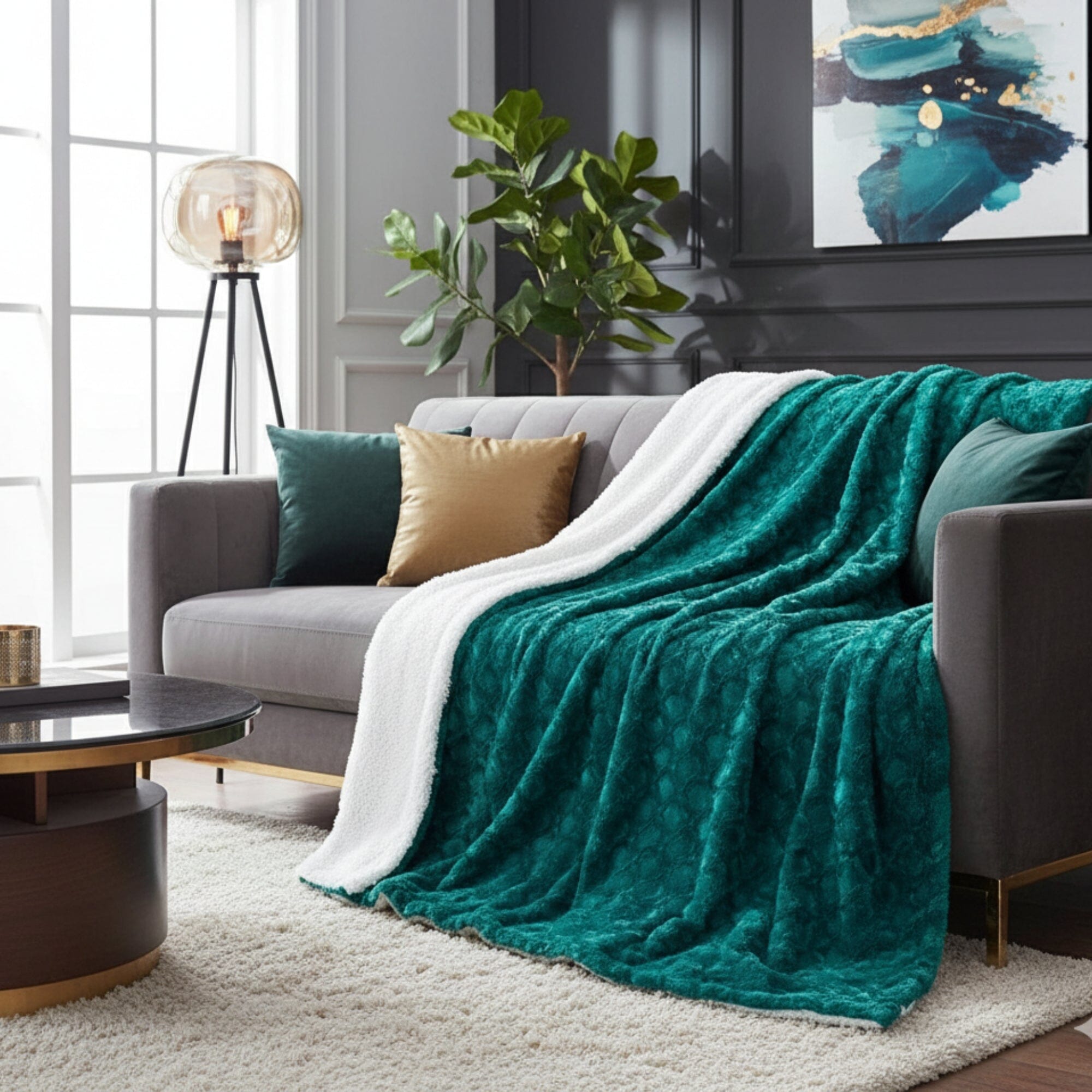 Teal blanket draped over a gray sofa in a living room with a plant and artwork.