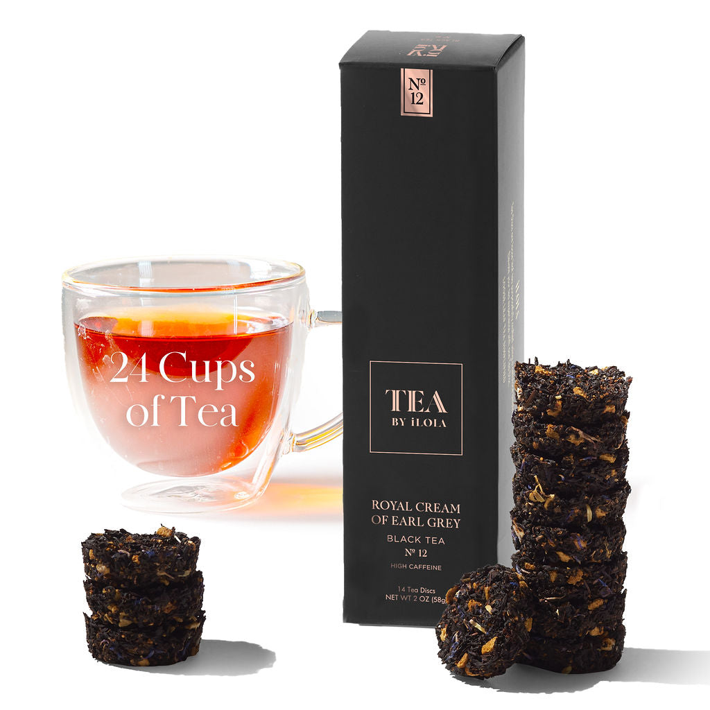 Close-up of Royal Cream of Earl Grey loose leaf black tea blend with bergamot, orange peel, and blue cornflower petals by iLOLA