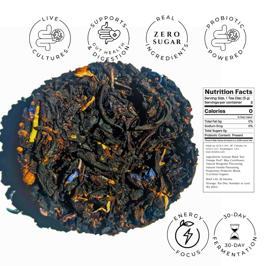Tea ball with health benefits and nutrition facts on a white background
