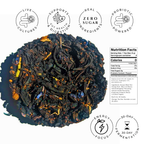Tea ball with health benefits and nutrition facts on a white background