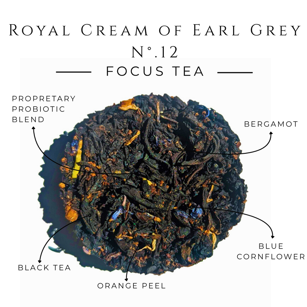 Tea blend labeled 'Royal Cream of Earl Grey' with ingredients highlighted on a white background.
