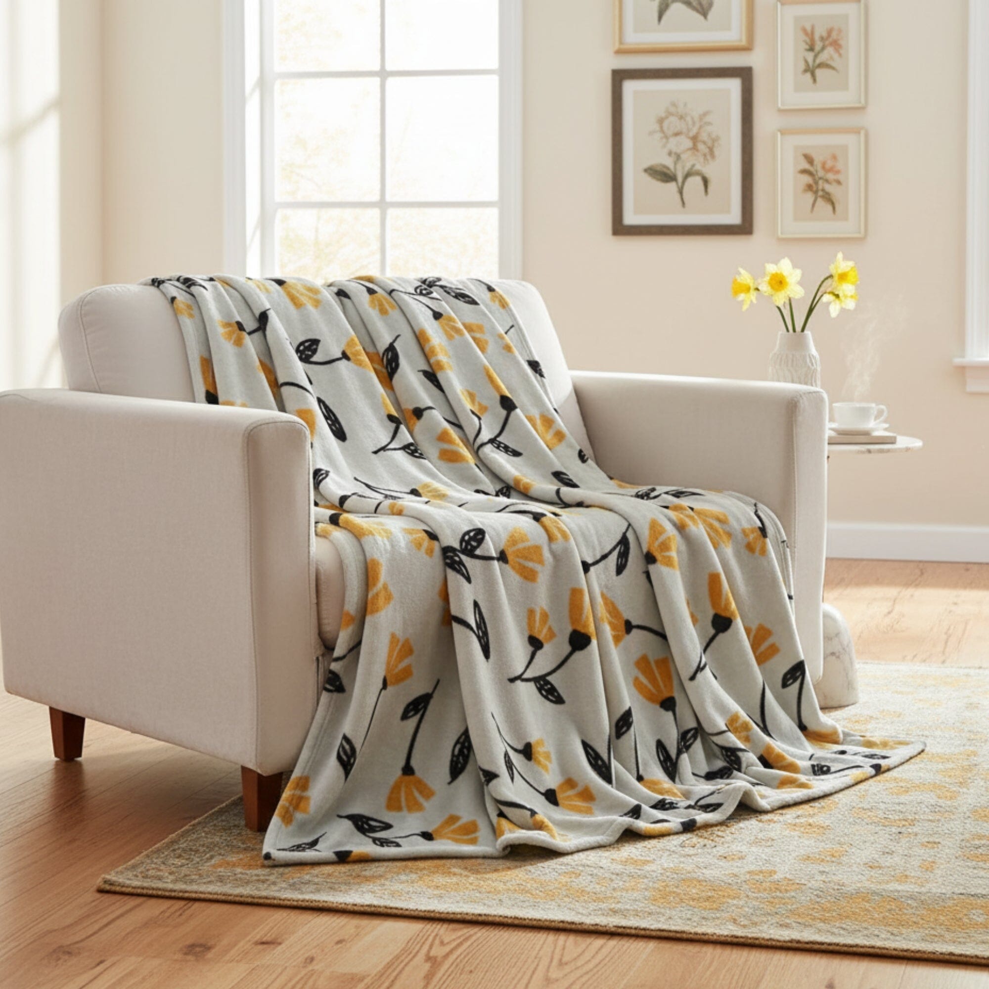 DaDa Bedding Yellow Fleur Floral Fleece Throw Blanket