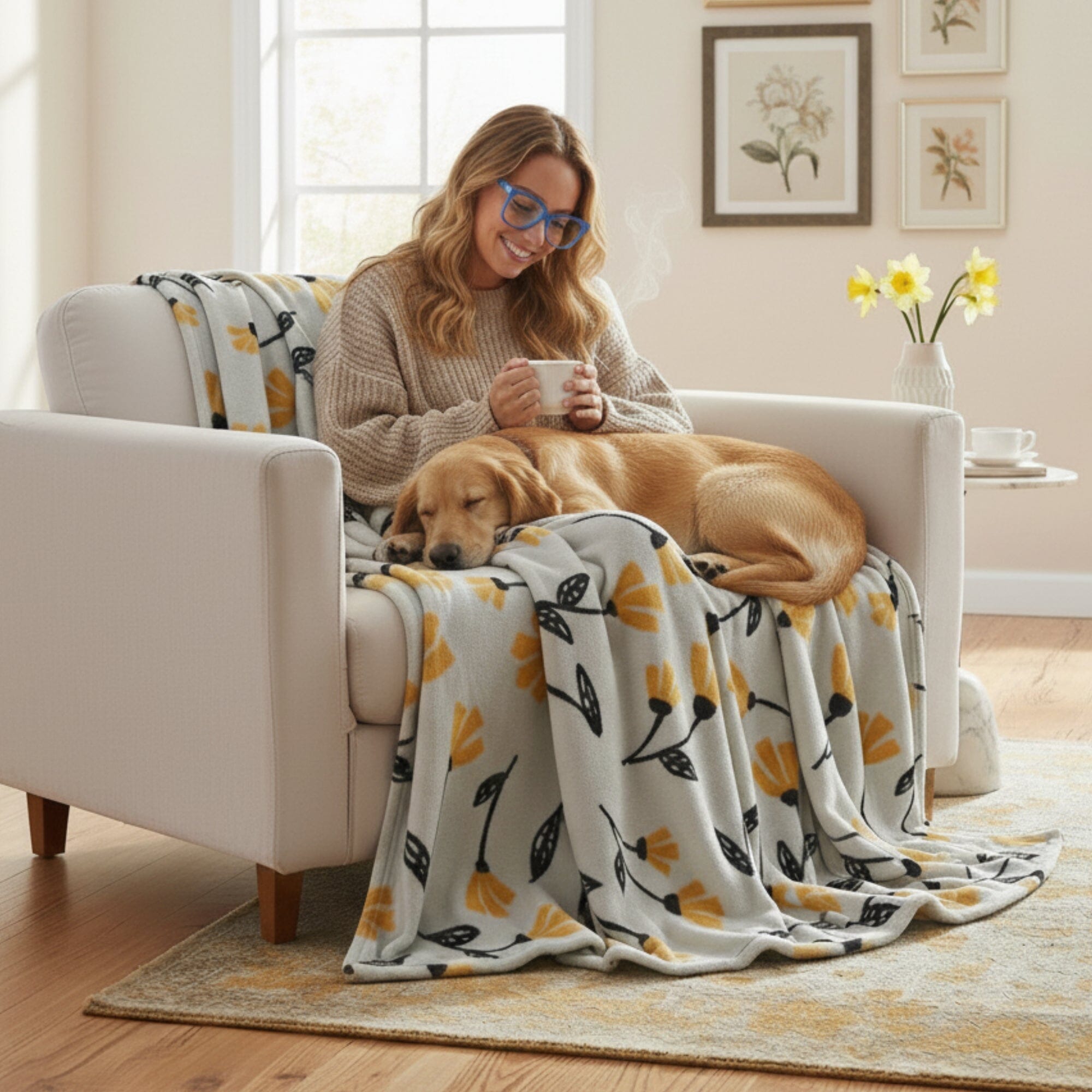 DaDa Bedding Yellow Fleur Floral Fleece Throw Blanket