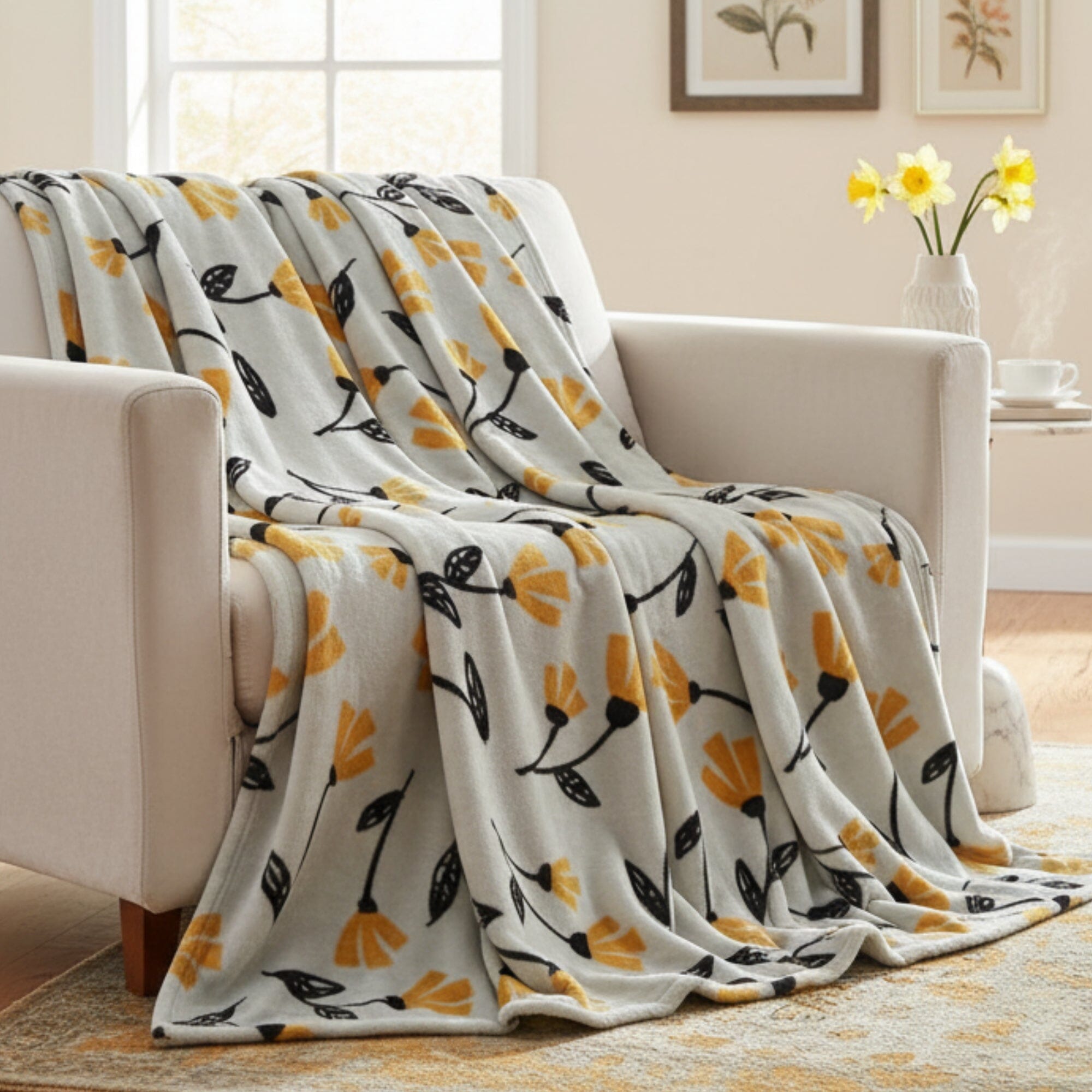 DaDa Bedding Yellow Fleur Floral Fleece Throw Blanket