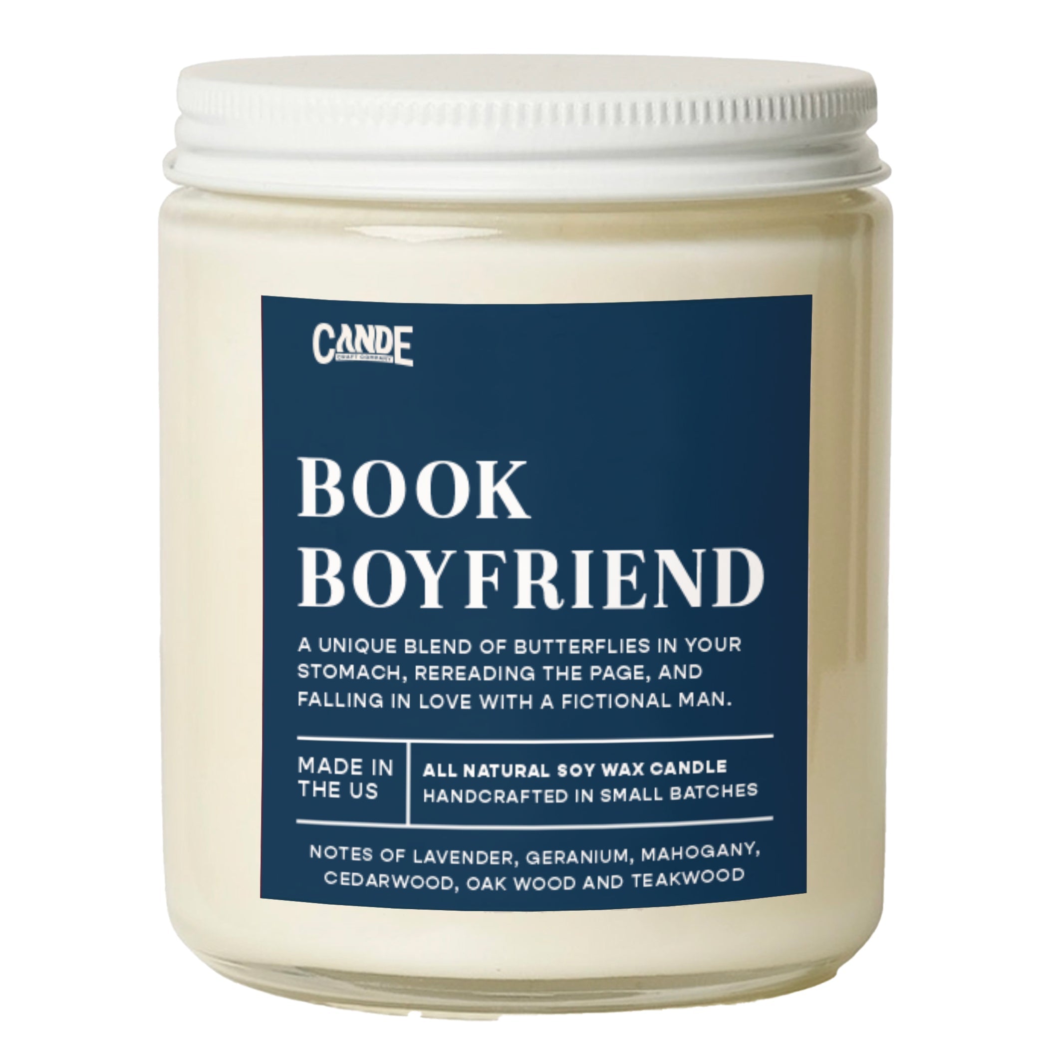 A jar candle labeled 'BOOK BOYFRIEND' by Cande, with a cream-colored wax and a white screw-top lid on a plain white background.
