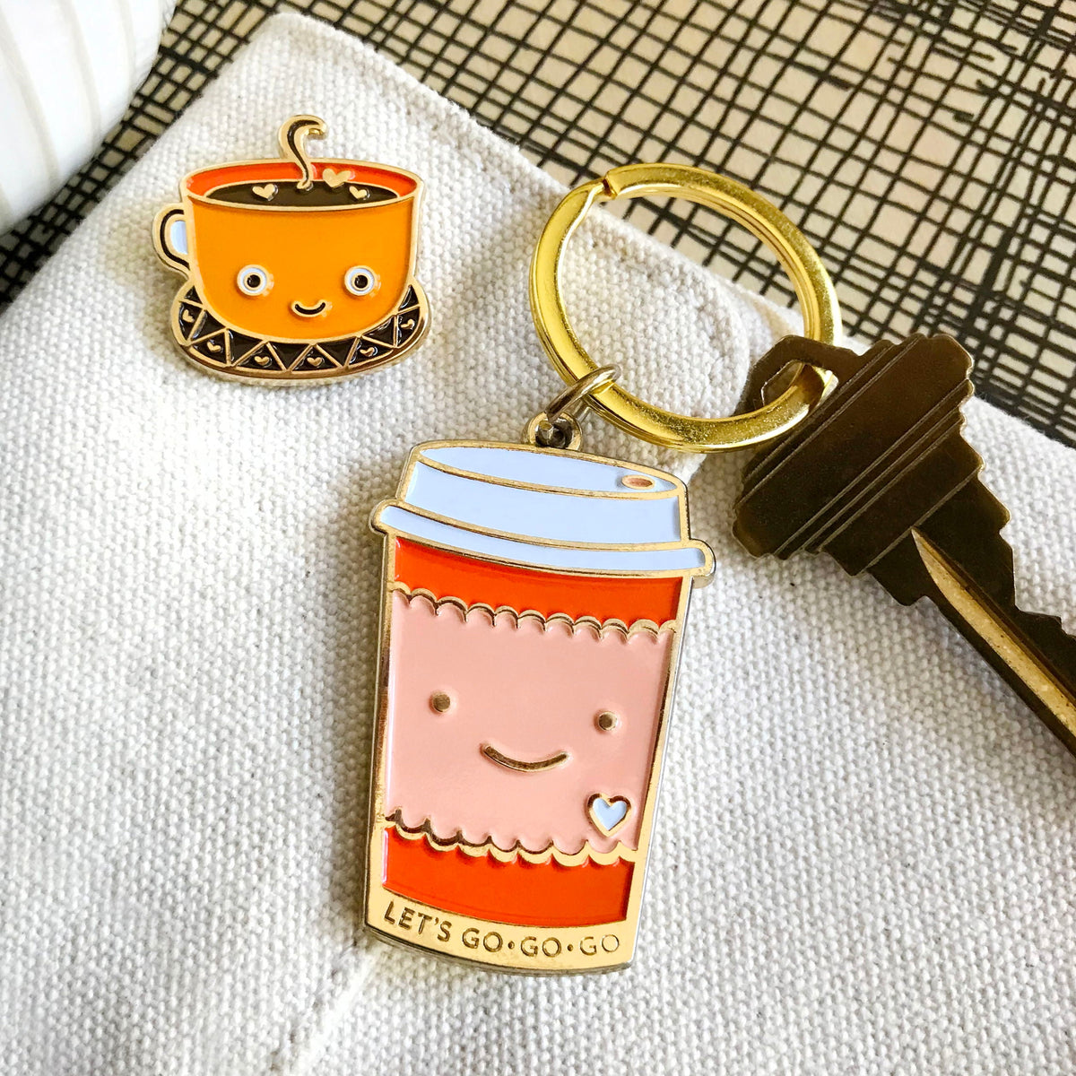 Grab a Coffee Travel Buddies Keychain + Pin Gift Set