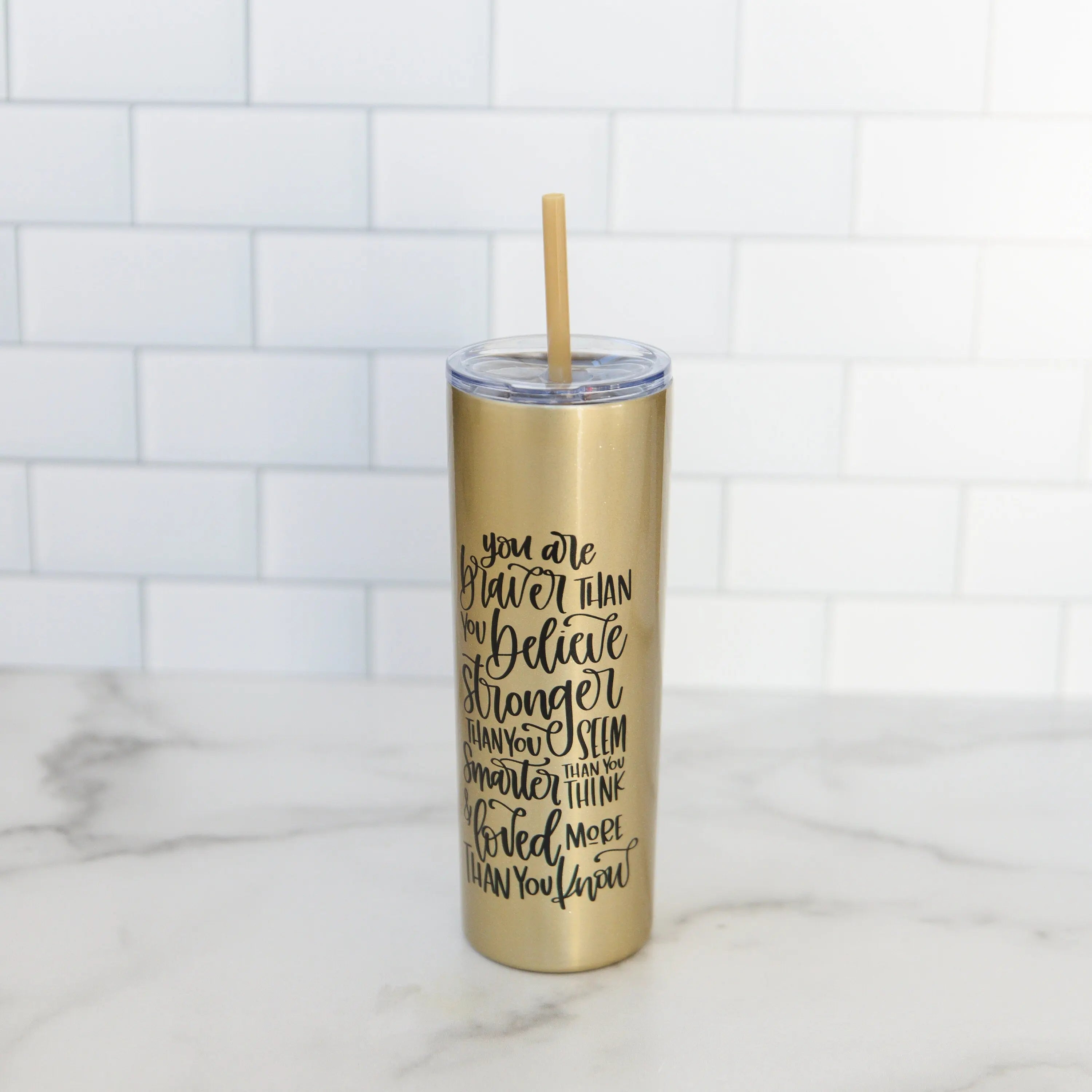Inspirational Water Bottle, Encouragement Gift, Glitter Skinny Tumbler, Brave Strong Smart Loved Travel Cup