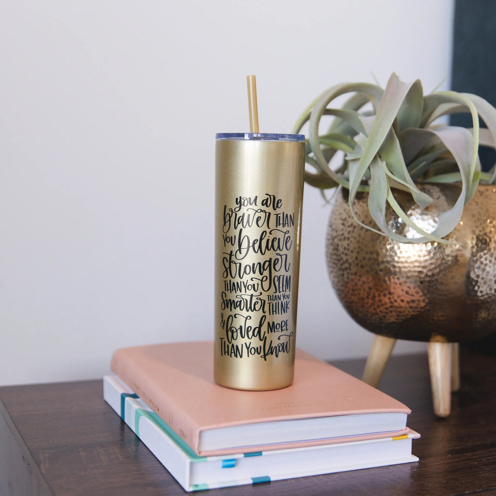 Inspirational Water Bottle, Encouragement Gift, Glitter Skinny Tumbler, Brave Strong Smart Loved Travel Cup
