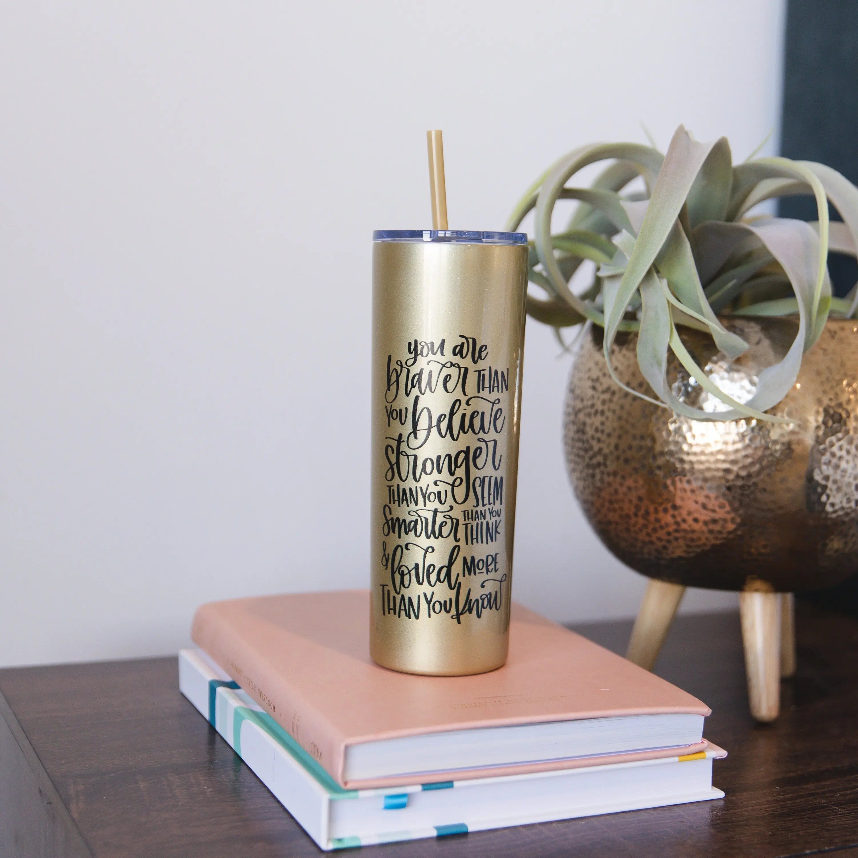 Inspirational Water Bottle, Encouragement Gift, Glitter Skinny Tumbler, Brave Strong Smart Loved Travel Cup